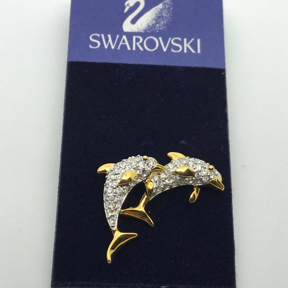 Swarovski Crystal Twin Dolphins Jumping Pin Brooch NWT